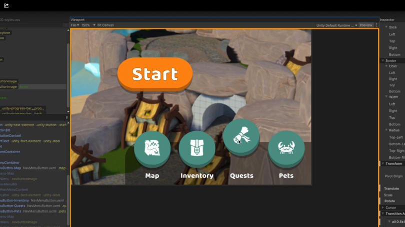 Screenshot der Hover-Effekte im Unity Editor
